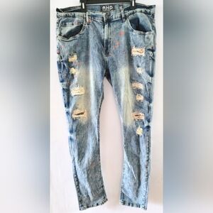 Another Hype Piece AHP Slim Blue Red Color Jeans Distressed Big & Tall 42 x 34